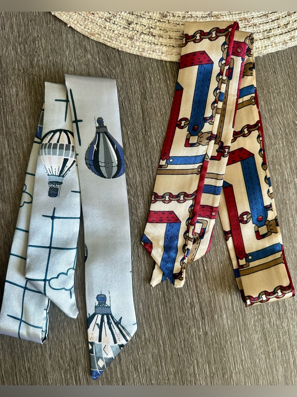Twilly Scarf Set of 2 - Blue Hot Air Balloon& Beige Chain Print NWT